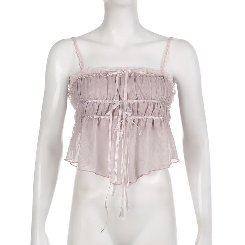 Top corto in chiffon con volant plissettato e orlo in pizzo con bottoni