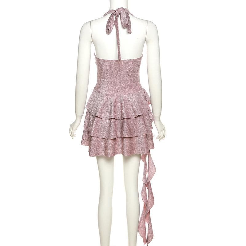 Solid halter textured pleated self tie backless mini dress