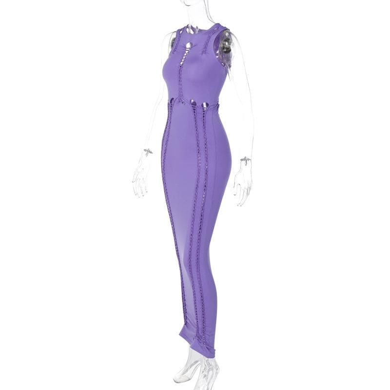 Crewneck sleeveless hollow out solid ruched maxi dress