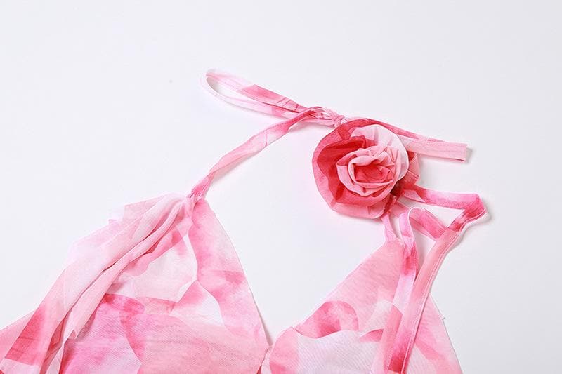 Rückenfreies, bauchfreies Top mit V-Ausschnitt, Blumenapplikation und kontrastierendem Schlitz zum Selbstbinden