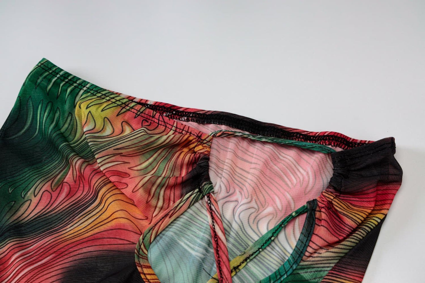 Sheer mesh see through ripple contrast lace up sleeveless bodysuit mini skirt set