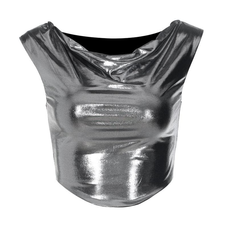 Top corto con scollo a cappuccio e maniche a cappuccio metalliche arricciate