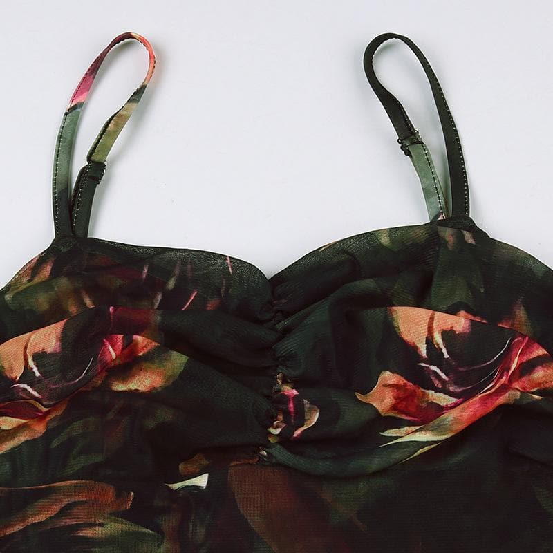 Rückenfreies, unregelmäßiges Camisole-Midikleid mit Blumenmuster und Kontrastraffung