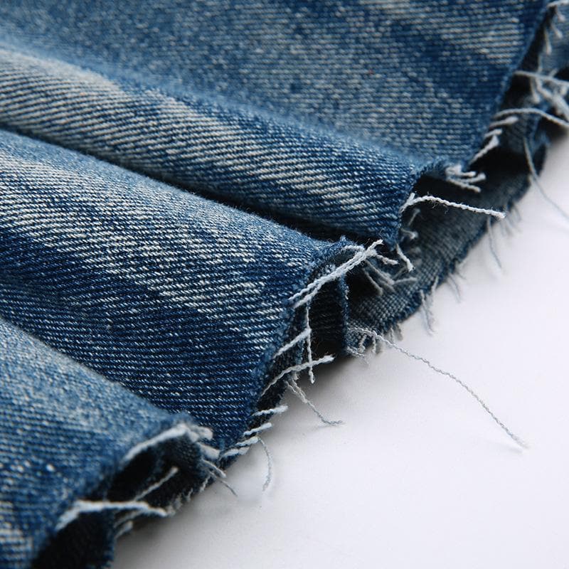 Pleated low rise raw hem A line denim mini skirt