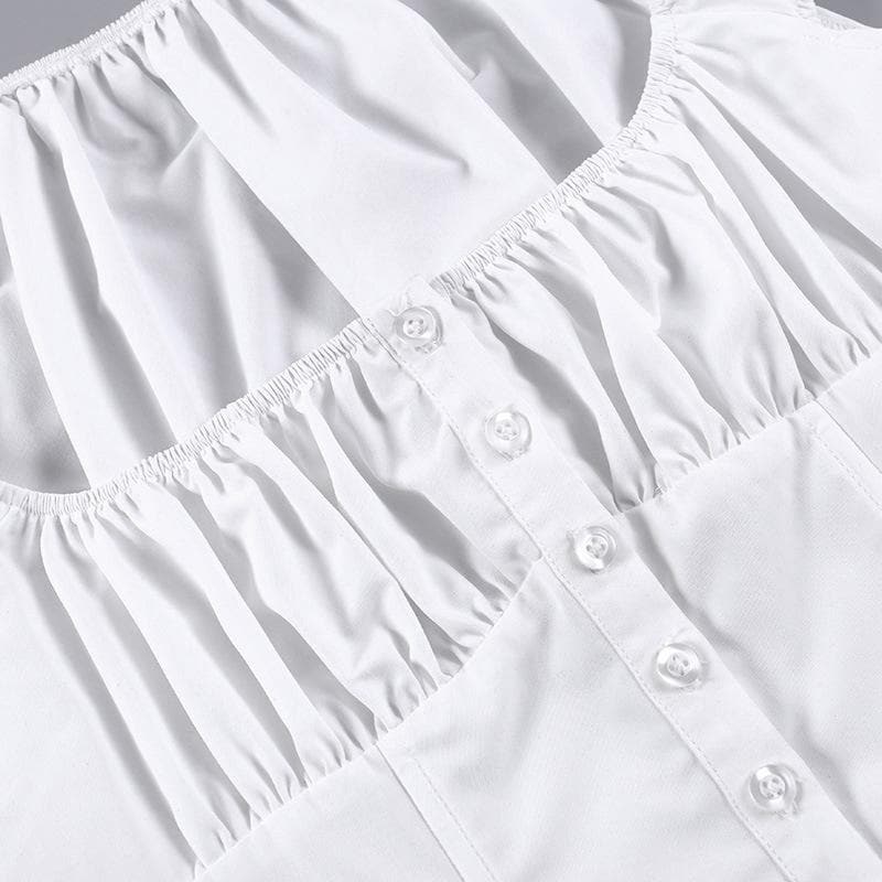 Button cap sleeve solid ruched square neck crop top