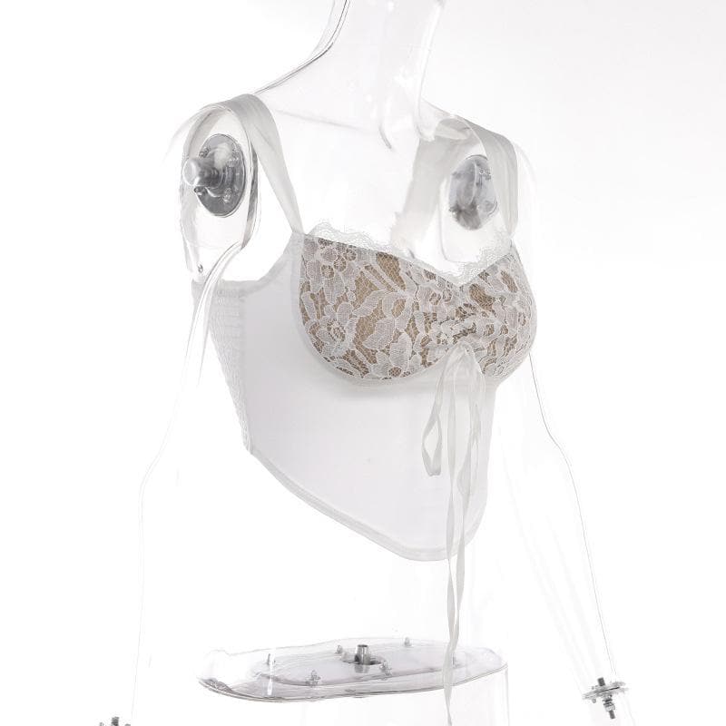 Top corto senza maniche con laccetti e inserti in pizzo patchwork