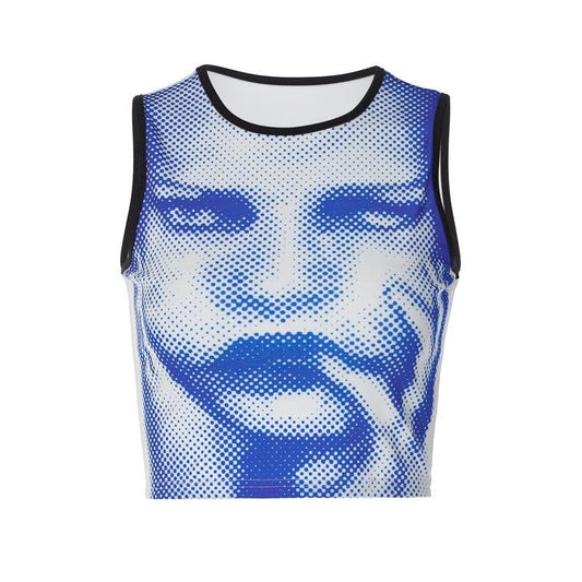 Ärmelloses Crop-Top mit Rundhalsausschnitt und abstraktem Print in Kontrastfarbe