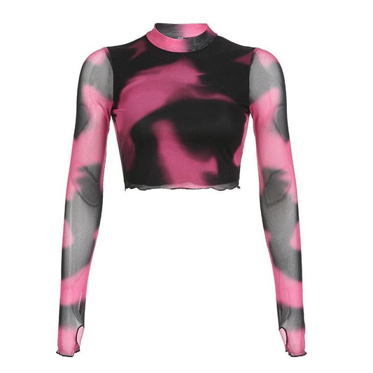 Long sleeve high neck gloves tie dye mesh crop top