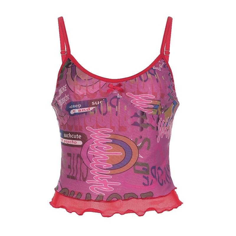 Top canotta patchwork in rete con volant e scollo a U con stampa di lettere