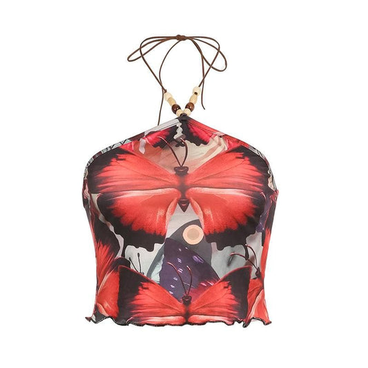 Butterfly pattern beaded contrast ruffle halter crop top