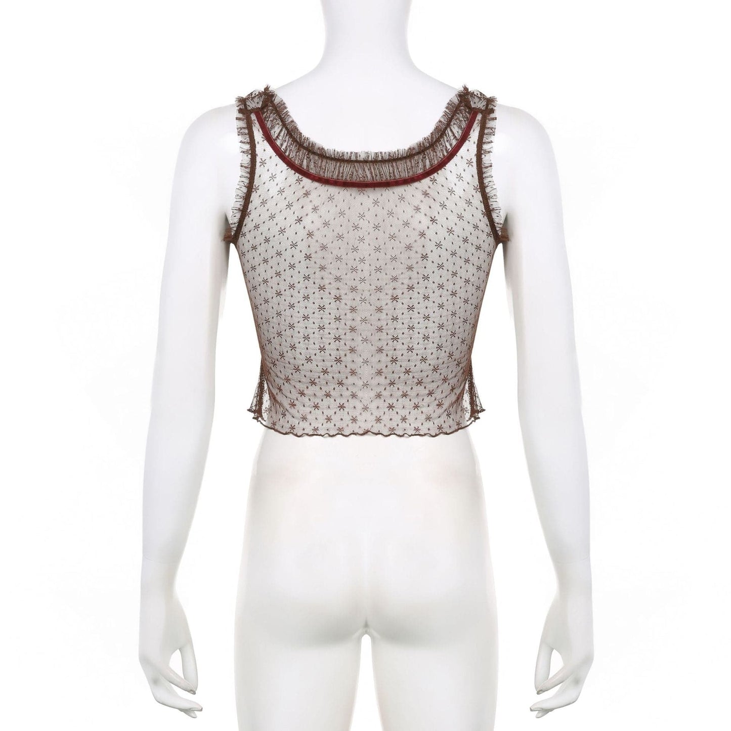 Top corto senza maniche in rete con volant patchwork