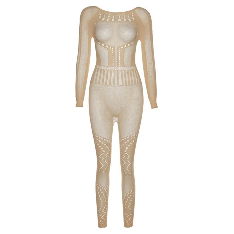 Fishnet long sleeve hollow out backless solid see through jumpsuit