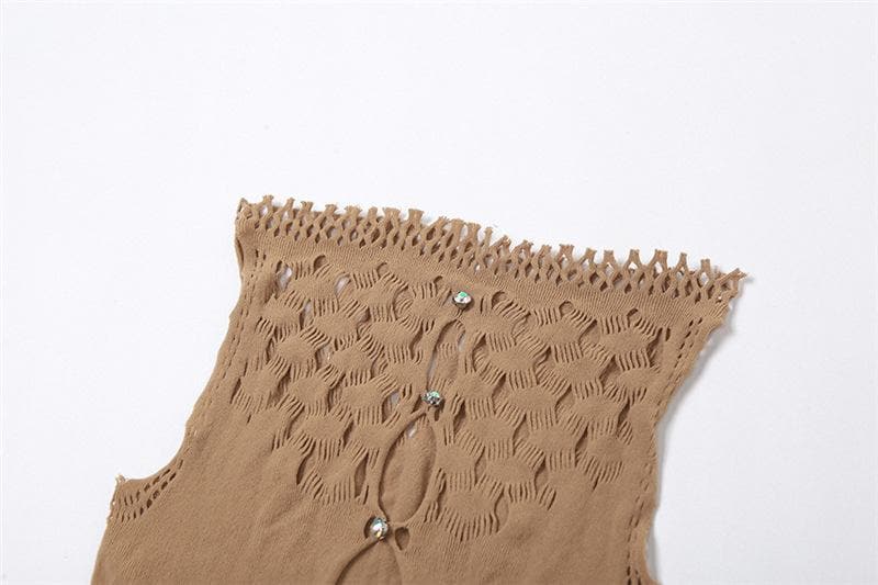 Ärmelloser, ausgehöhlter, durchsichtiger Jumpsuit aus Fischnetz