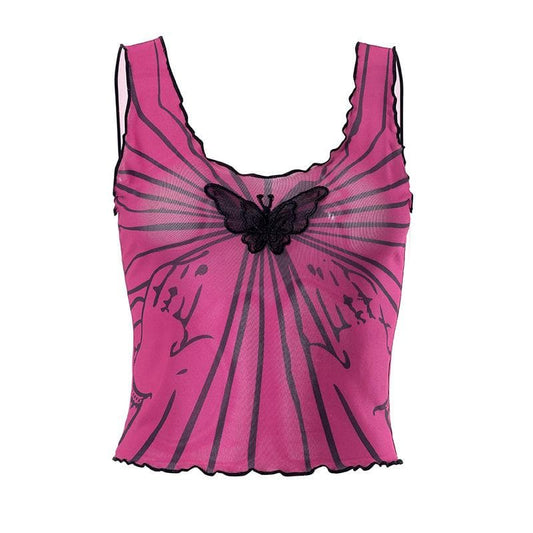 Sleeveless u neck ruffle sheer mesh see through butterfly applique top