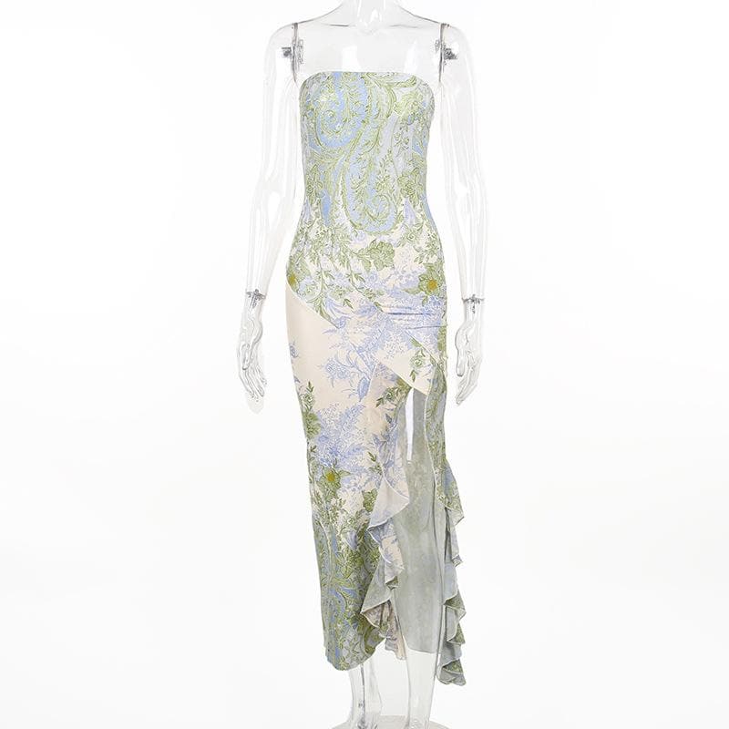 Rückenfreies Maxikleid mit Blumenmuster, Schlitz und unregelmäßigem Kontrast