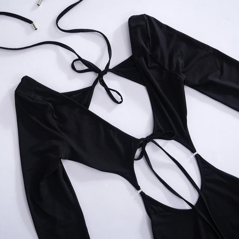 Solid long sleeve hollow out slit ruffle self tie irregular midi dress