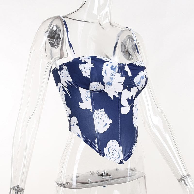 Top canotta con cuciture a corsetto e scollo quadrato a contrasto con stampa floreale