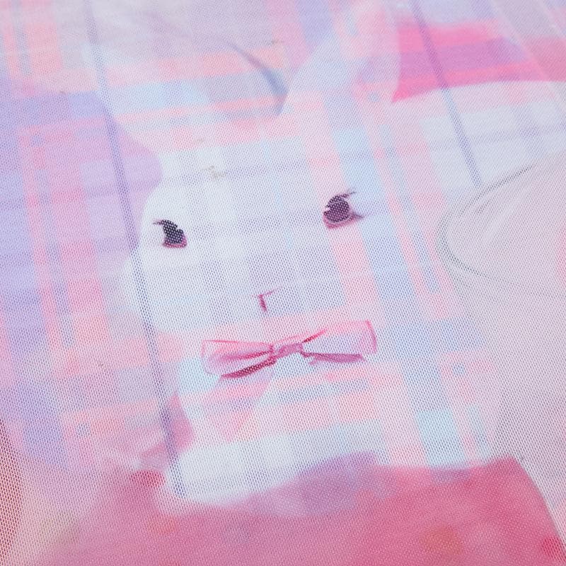 Short sleeve plaid sheer mesh see through rabbit pattern ruffle top