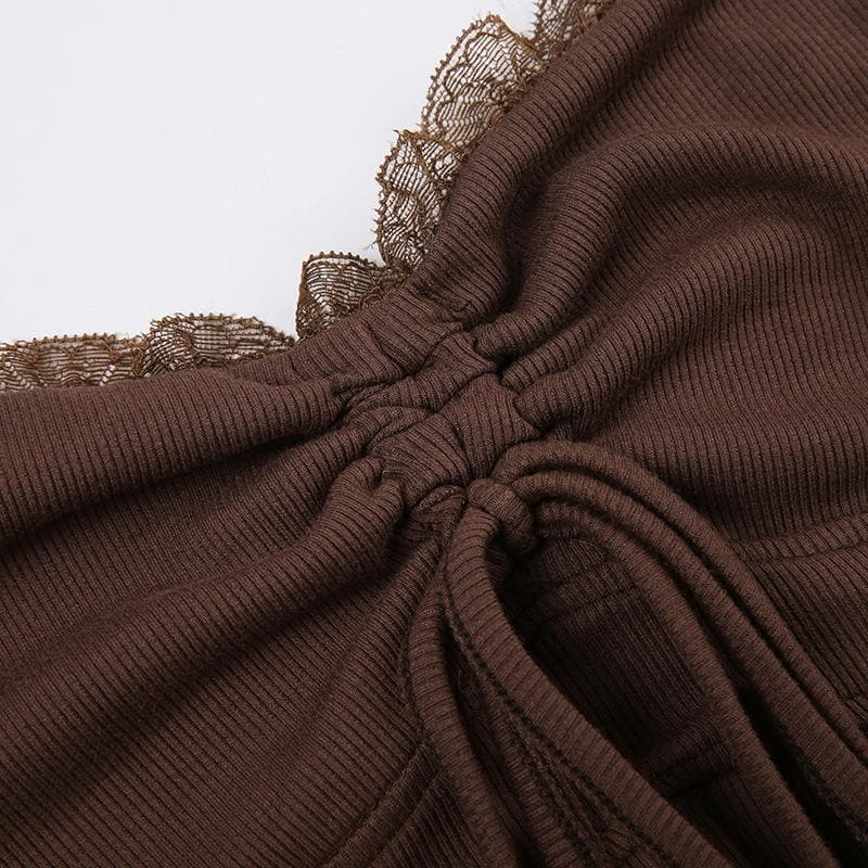 Top corto senza maniche con scollo a V, coulisse e orlo in pizzo