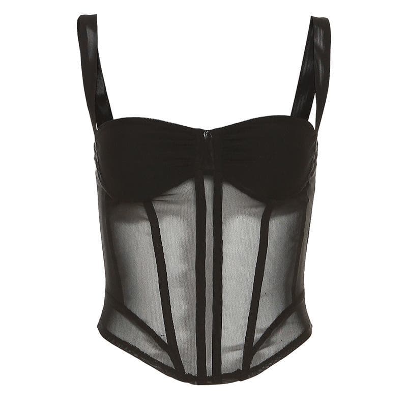 Top corto in rete trasparente con scollo quadrato, corsetto e schiena scoperta con arricciature