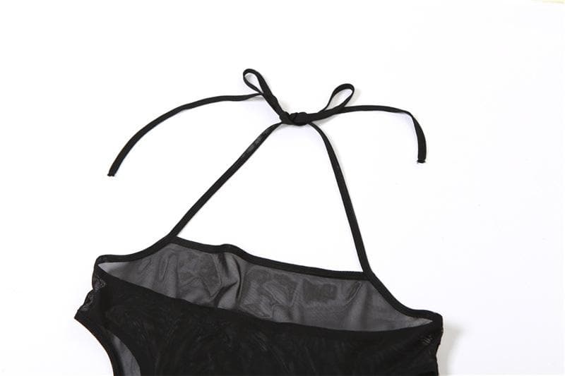 Neckholder-Maxikleid mit selbstbindendem Kontrastdruck und transparentem Netzstoff, rückenfrei und mit Aussparungen
