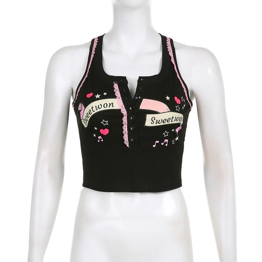 Button "sweetwon" pattern sleeveless lace hem contrast crop top