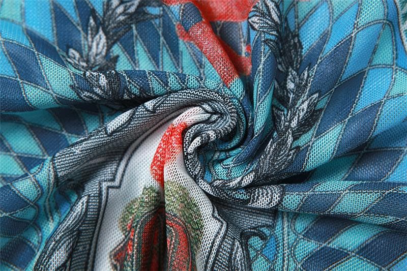 Sheer mesh see through contrast print v neck halter bodysuit mini dress skirt set