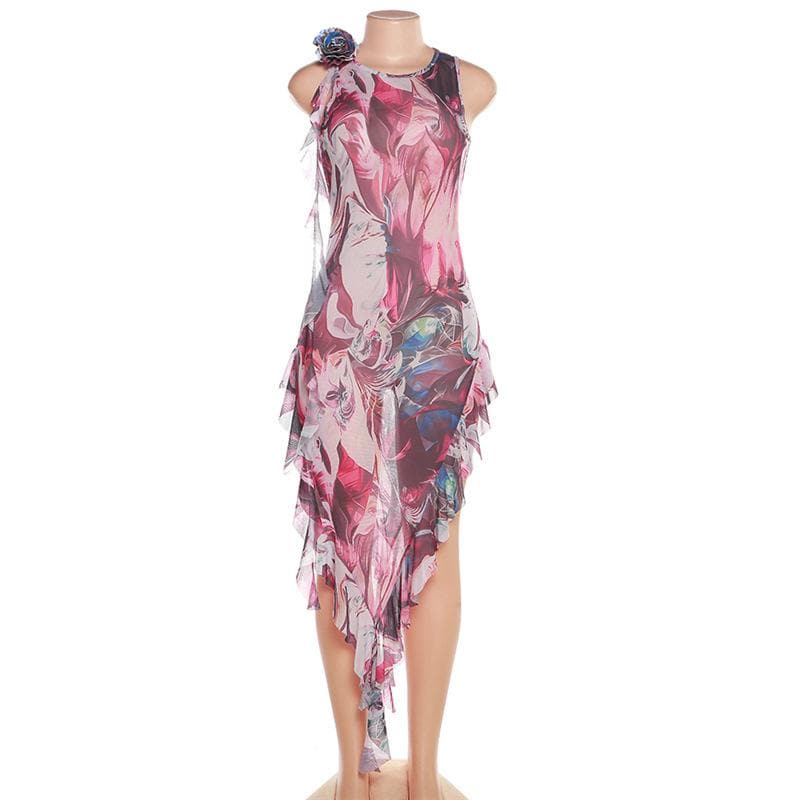 Ärmelloses Maxikleid aus transparentem Netzstoff mit abstraktem Druck und kontrastierenden Rüschen