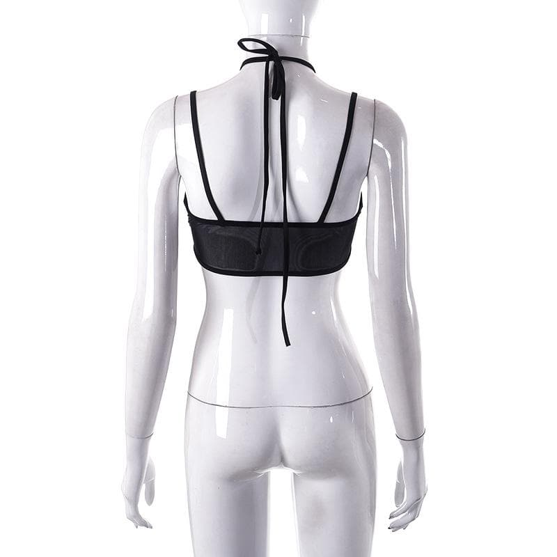Top corto in rete con scollo a V, senza schienale, in patchwork e con scollo a V