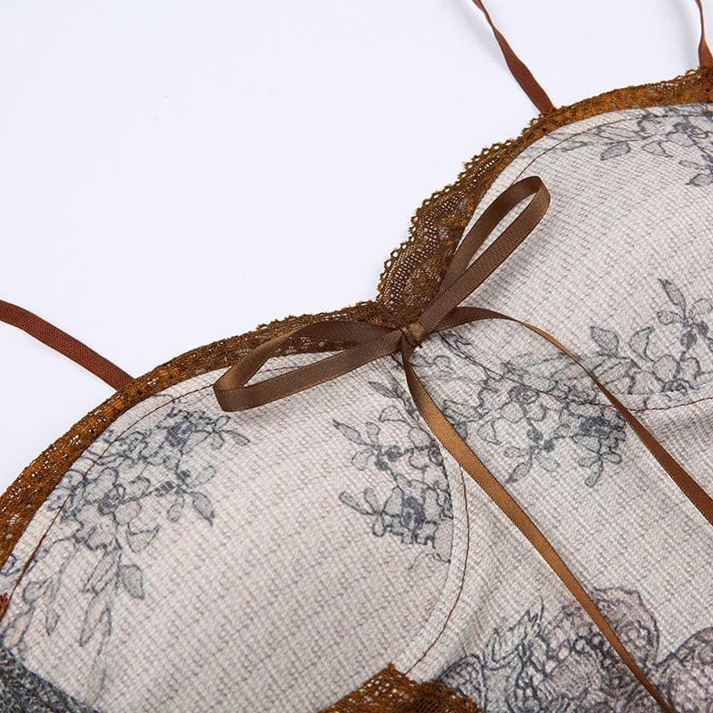 Top canotta patchwork con scollo a cuore e orlo in pizzo a contrasto