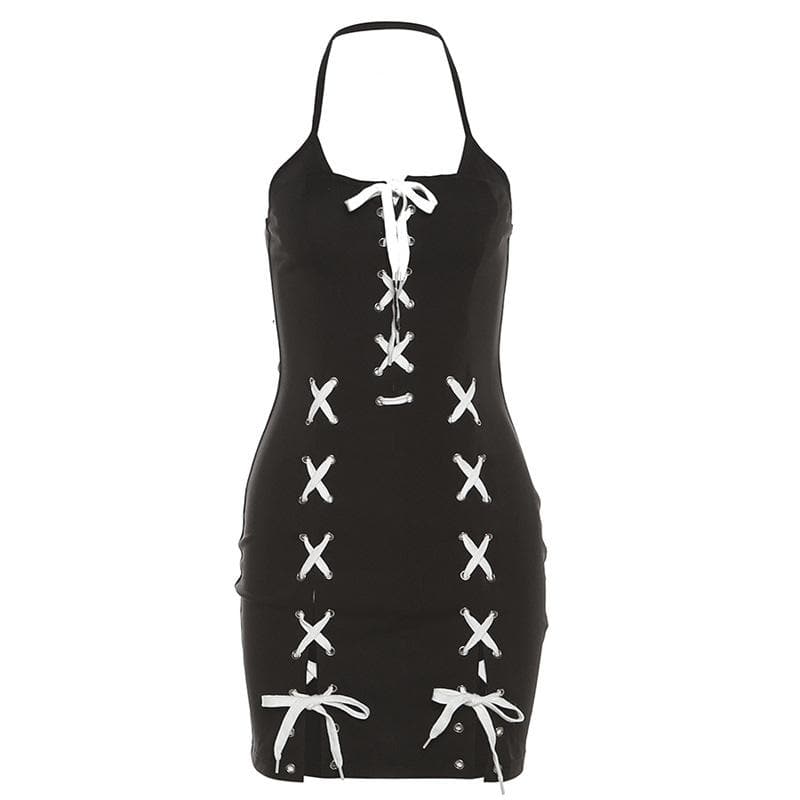 Rückenfreies Minikleid mit Schnürung, kontrastierendem Schlitz und selbstbindendem Neckholder