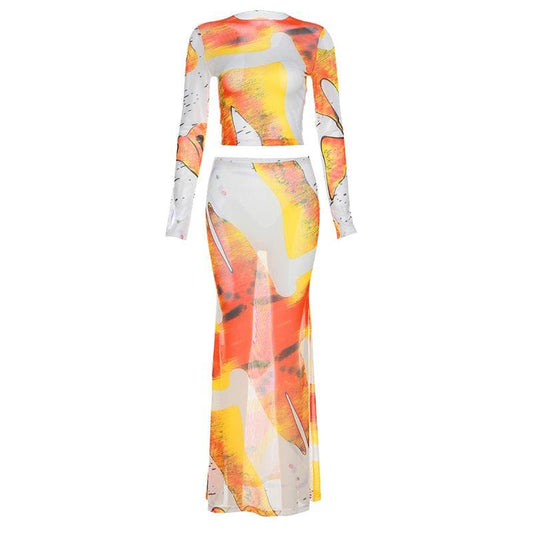 Sheer mesh see through contrast print long sleeve maxi skirt set