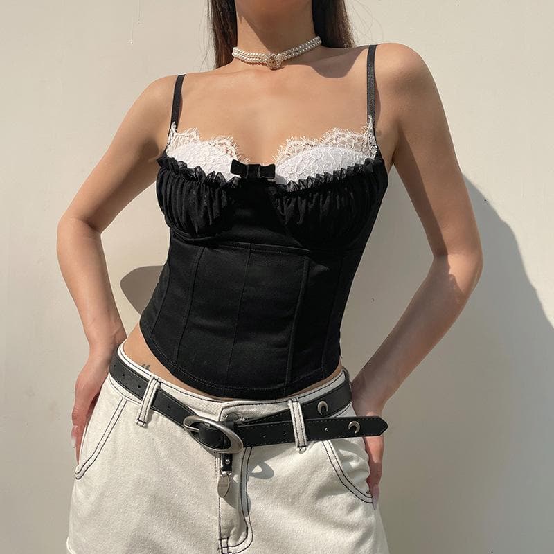 Top canotta con bottoni e corsetto arricciato in patchwork a contrasto con orlo in pizzo
