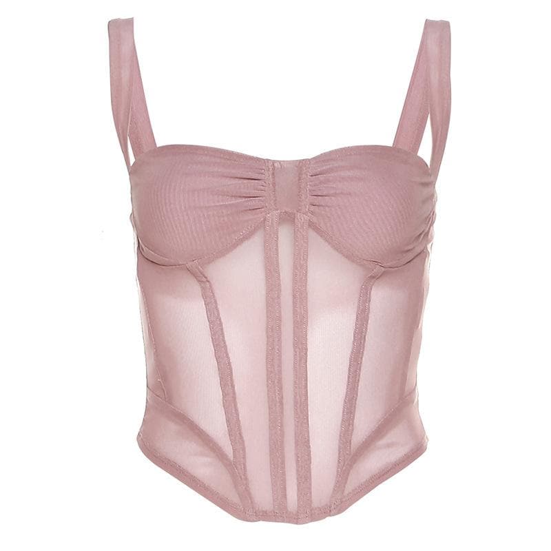 Top corto in rete trasparente con scollo quadrato, corsetto e schiena scoperta con arricciature