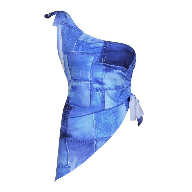 Top in denim con stampa e coulisse irregolare con monospalla