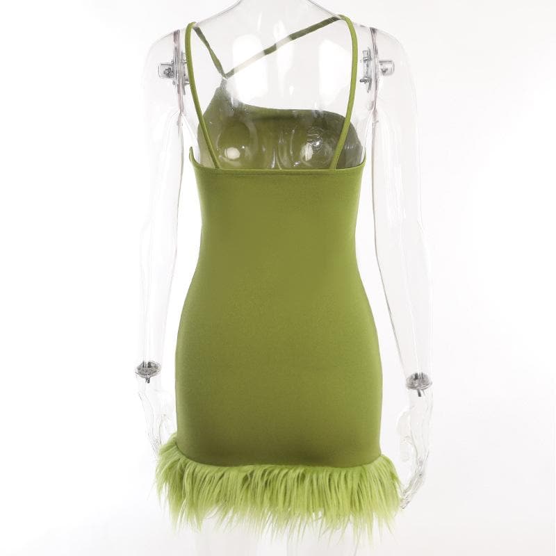 Solid irregular feather patchwork backless mini dress