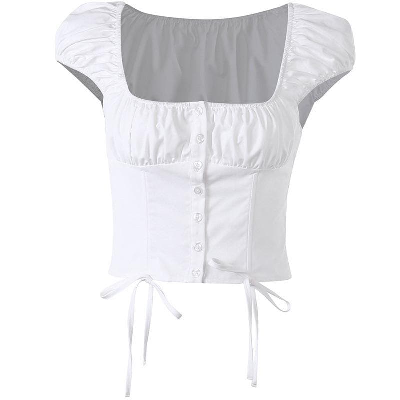 Button cap sleeve solid ruched square neck crop top