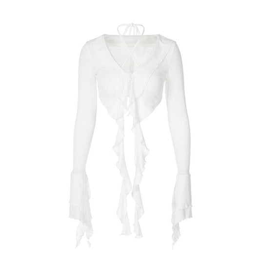 Halter self tie v neck flared sleeve button ruffle crop top