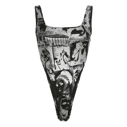 Square neck sleeveless hollow out abstract buckle bodysuit