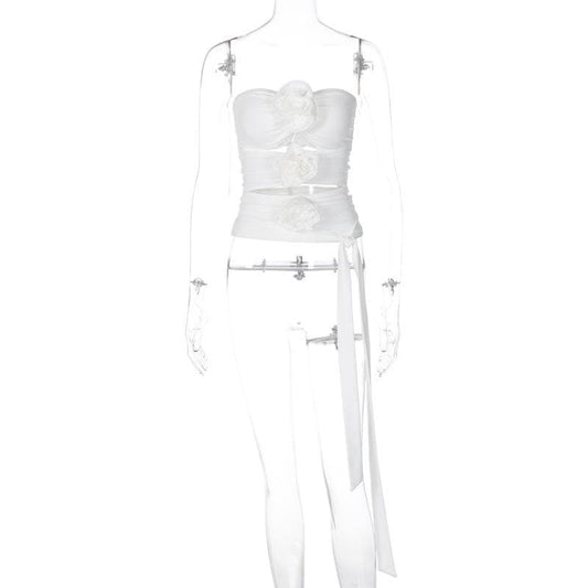 Hollow out solid flower applique ruched backless top