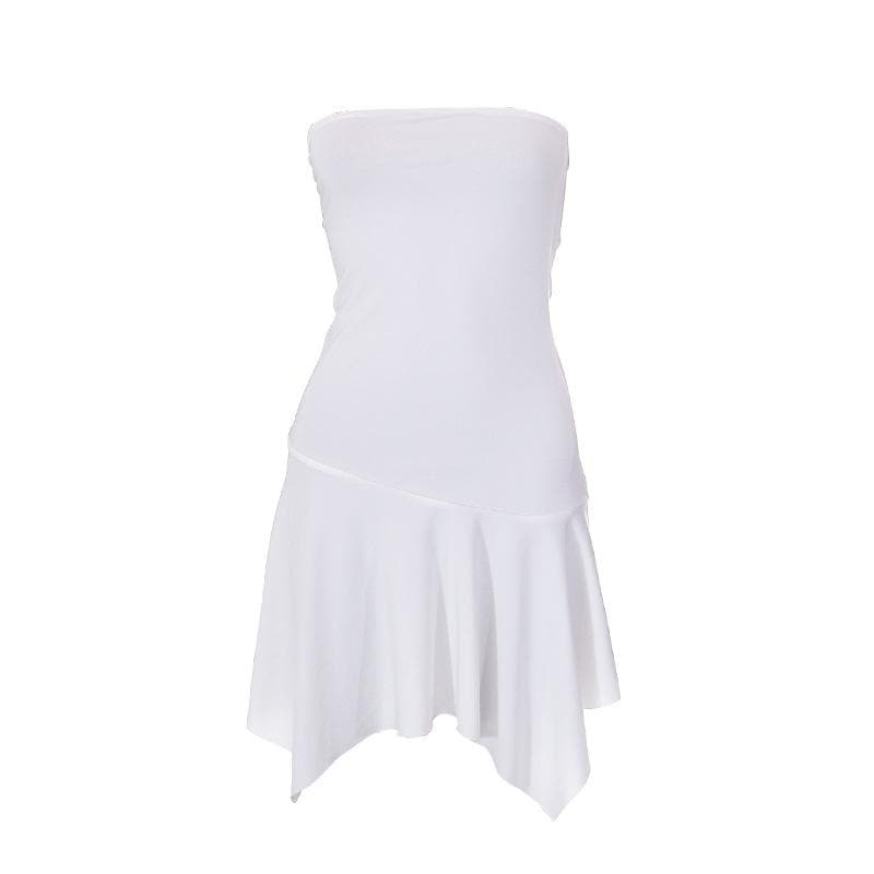 Ärmelloses, rückenfreies Minikleid mit unregelmäßigem Schlauch und Rüschen