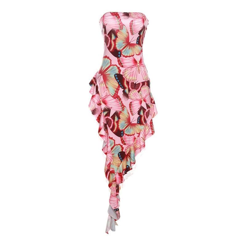 Rückenfreies Maxi-Tube-Kleid mit Schmetterlings-Print und kontrastierenden unregelmäßigen Rüschen