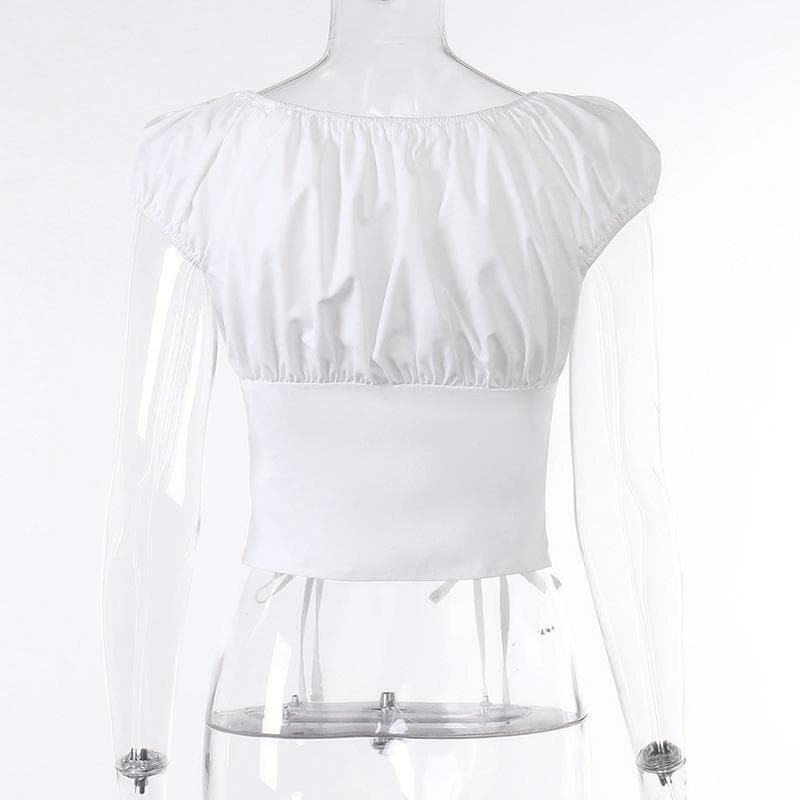 Button cap sleeve solid ruched square neck crop top