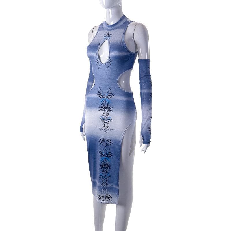Contrast abstract print hollow out slit gloves midi dress