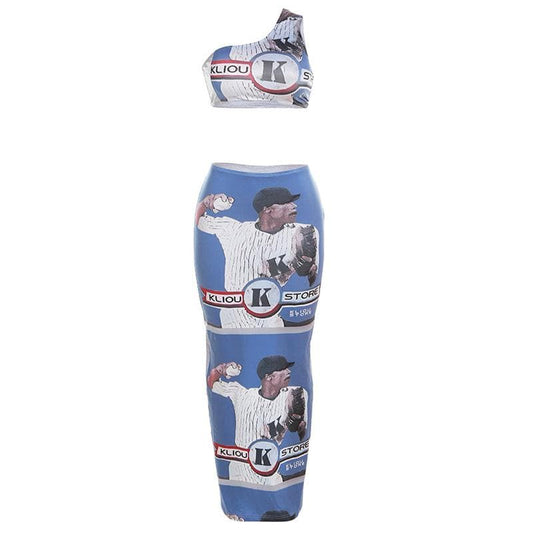 One shoulder irregular sleeveless contrast print slit maxi skirt set