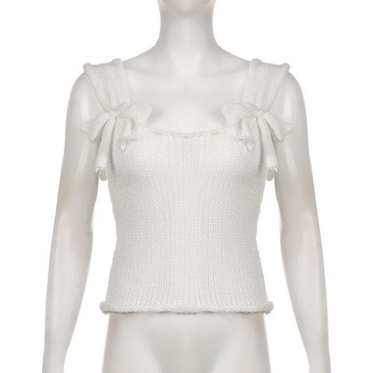 Backless knitted bowknot sleeveless solid top