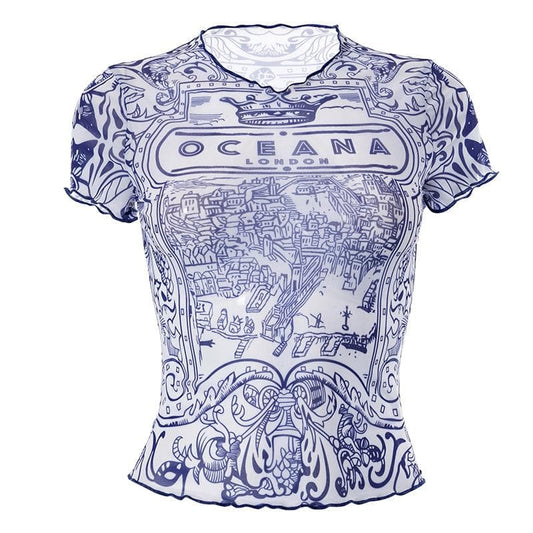 Short sleeve ruffle sheer mesh see through abstract top