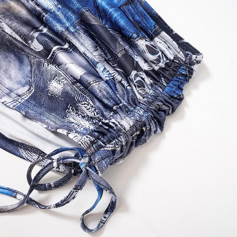 Denim print contrast drawstring self tie backless tube mini skirt set