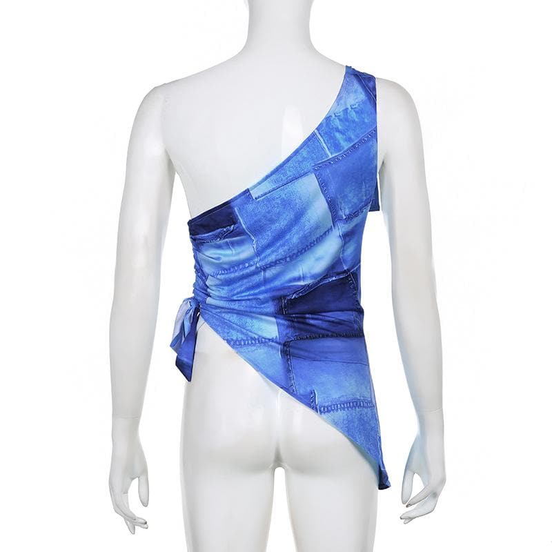 Top in denim con stampa e coulisse irregolare con monospalla