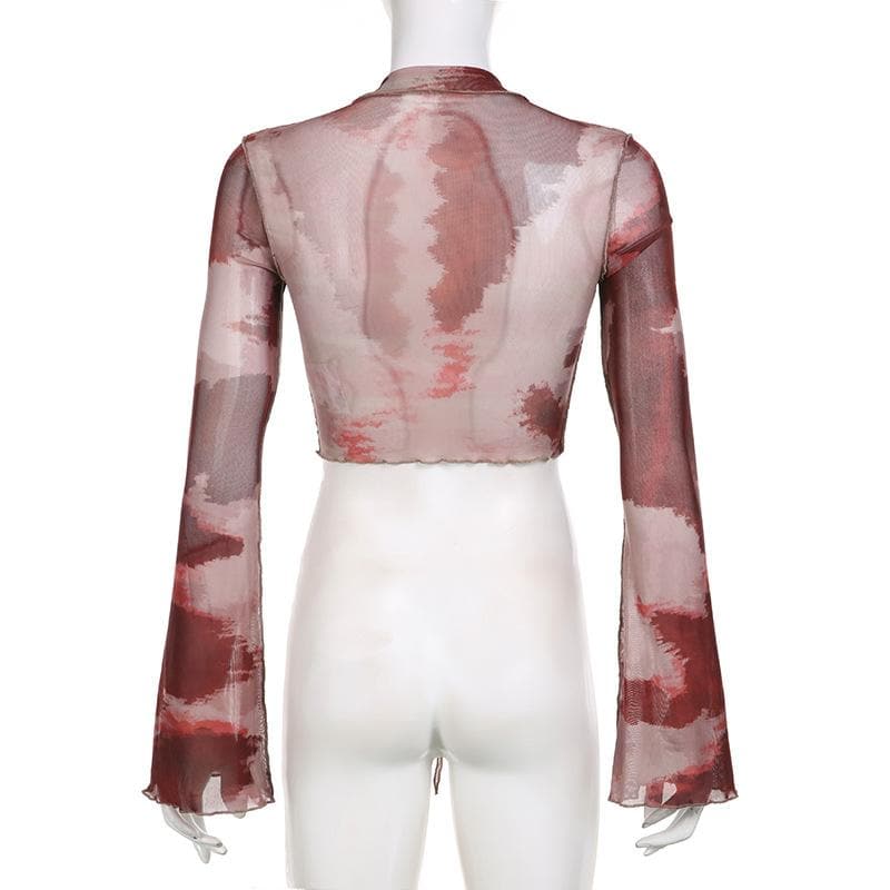 Top corto in rete trasparente con volant tie-dye a maniche lunghe e annodabile